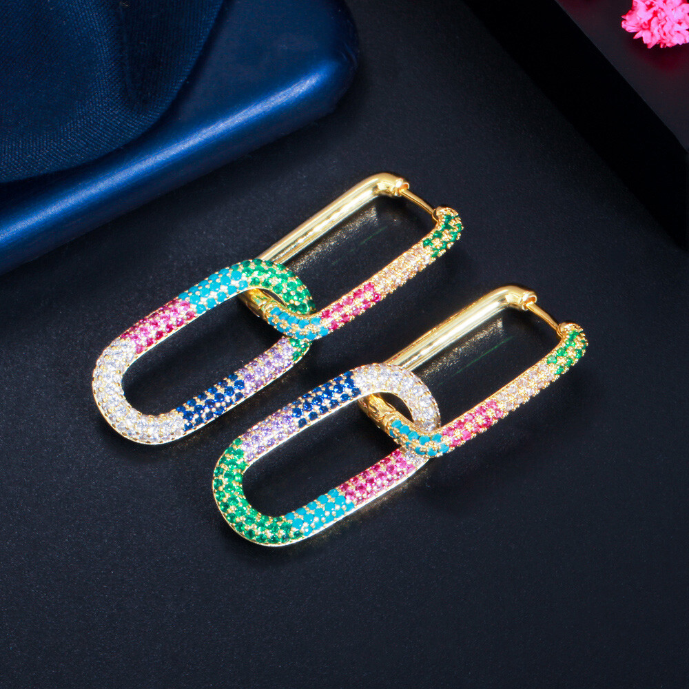 Gold Plated Mix Multicolor CZ Bridal Dangle Drop Rectangle Charm Hoop Earrings