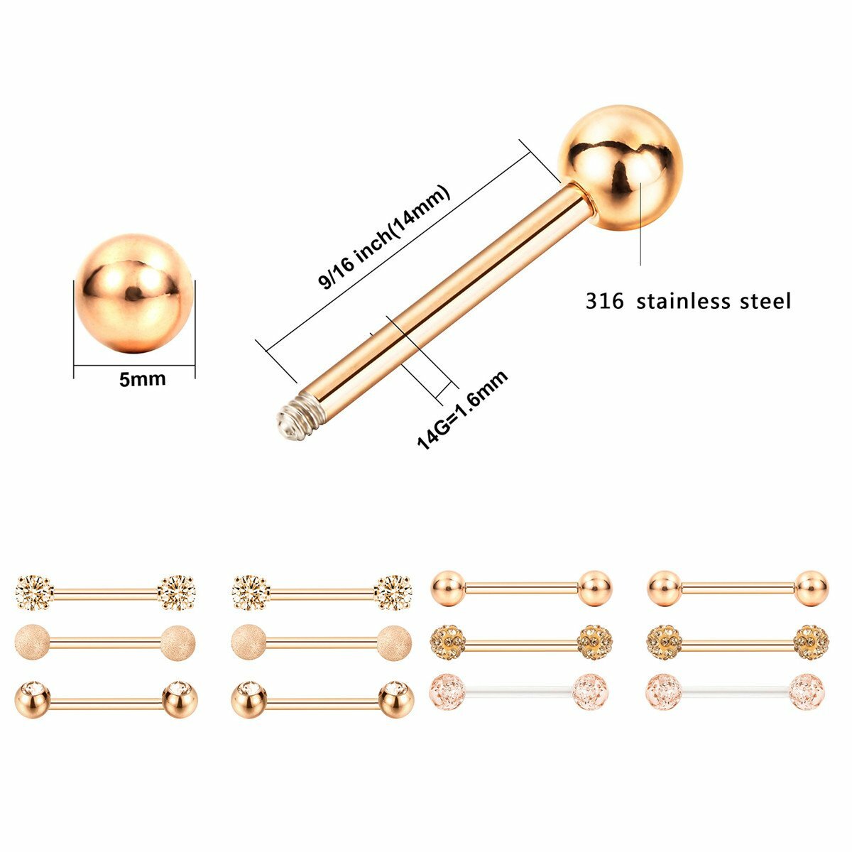 14G Nipple Rings Stainless Steel Tongue Ring Barbell Nipplerings Piercing 6Pairs