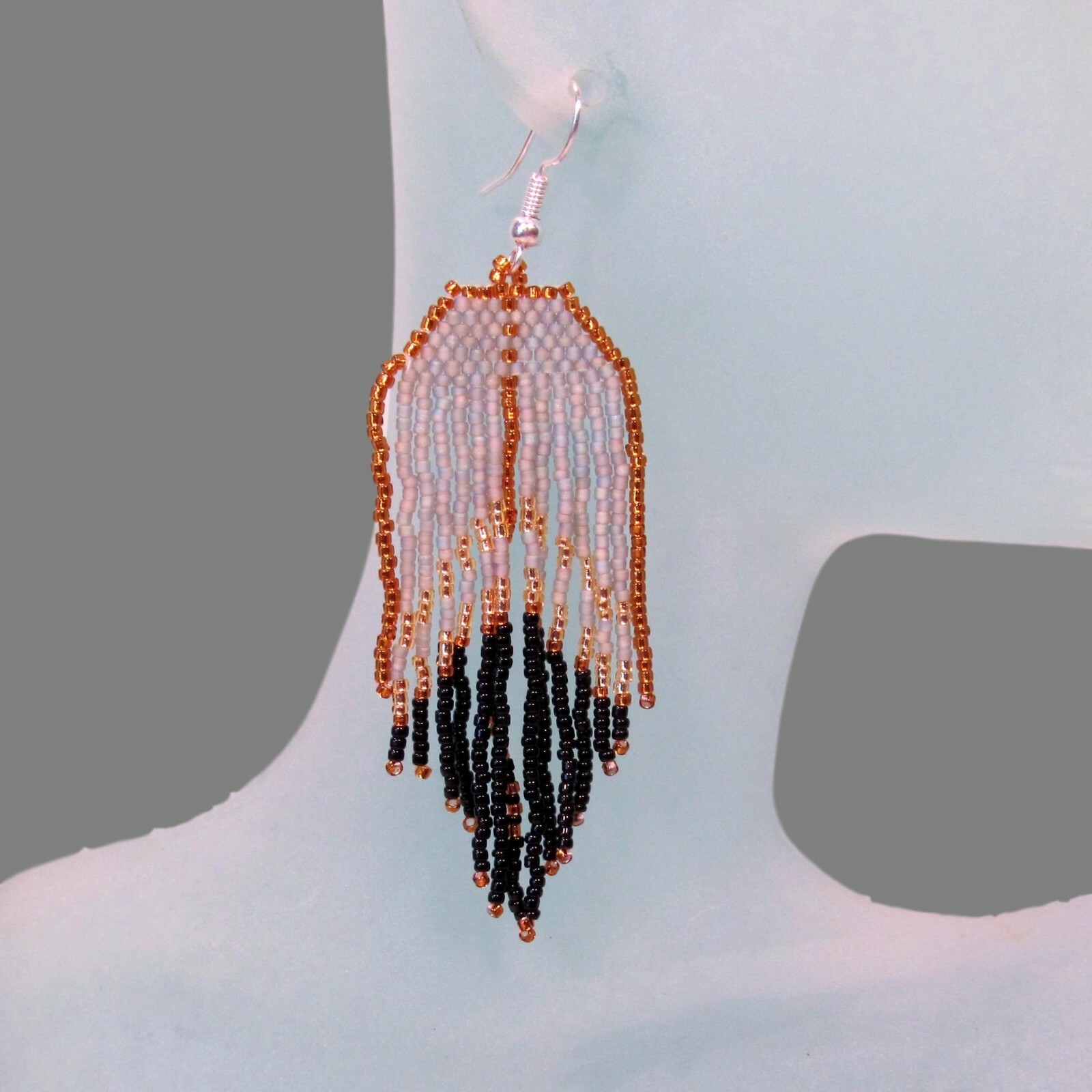 3″ LONG Handmade Black Silver Gold Color Chandelier Boho Seed Bead Earrings