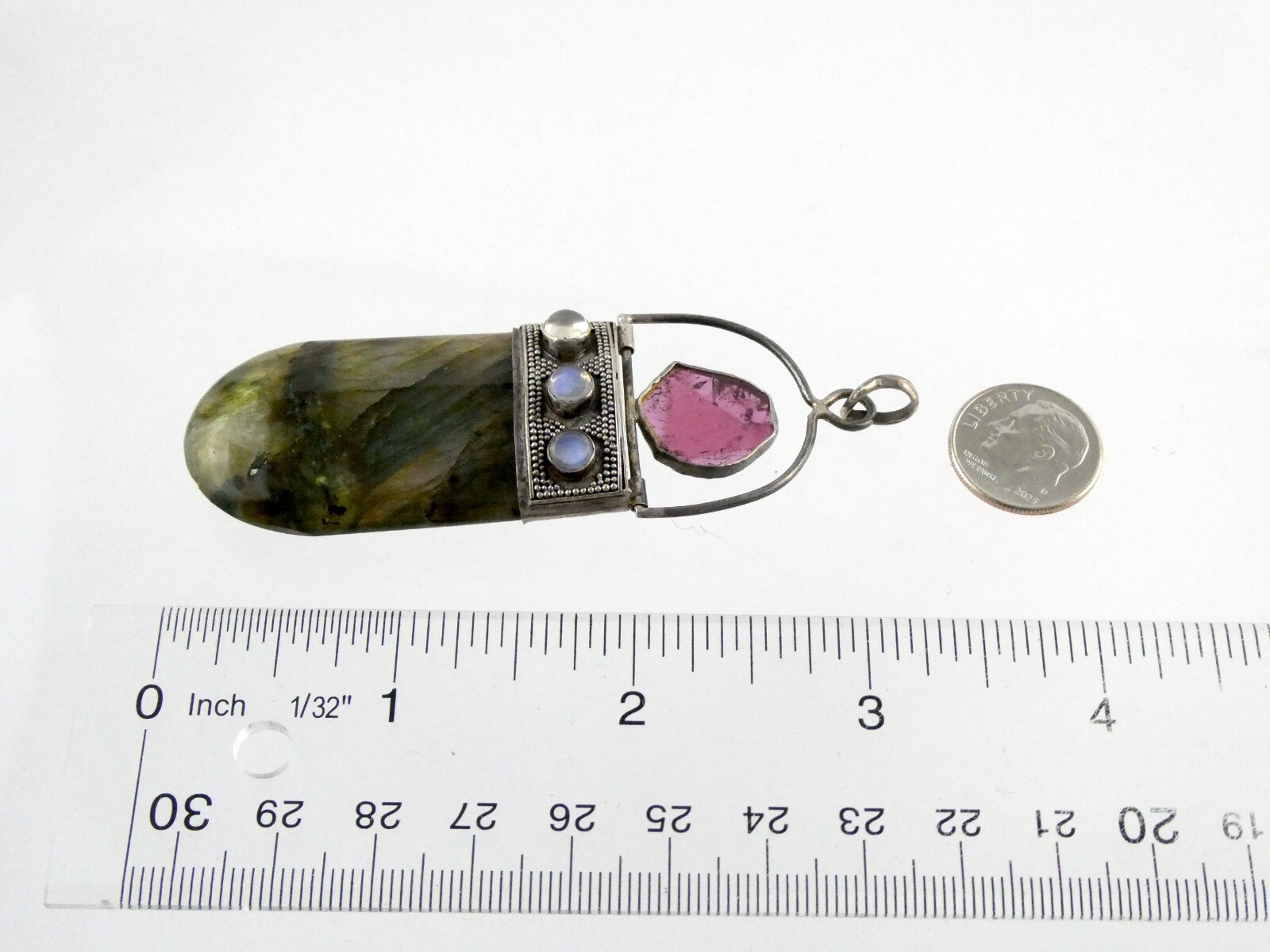 Sterling Silver Pink Tourmaline Slice Labradorite Moonstone Pendant 925 24.2g