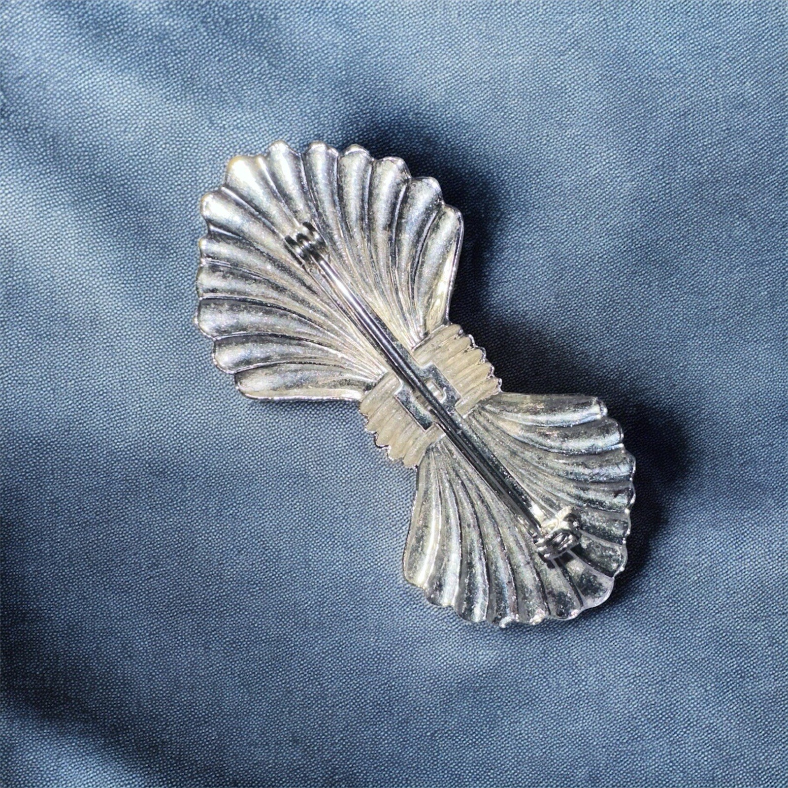 Art Deco Silver Tone Bow Brooch Safety Clasp 2.25″