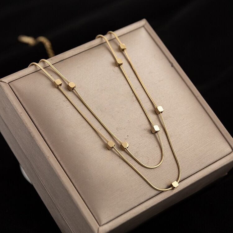 Woman 18K Gold Plated Stainless Steel Cubes 2 Layers Necklace Chain