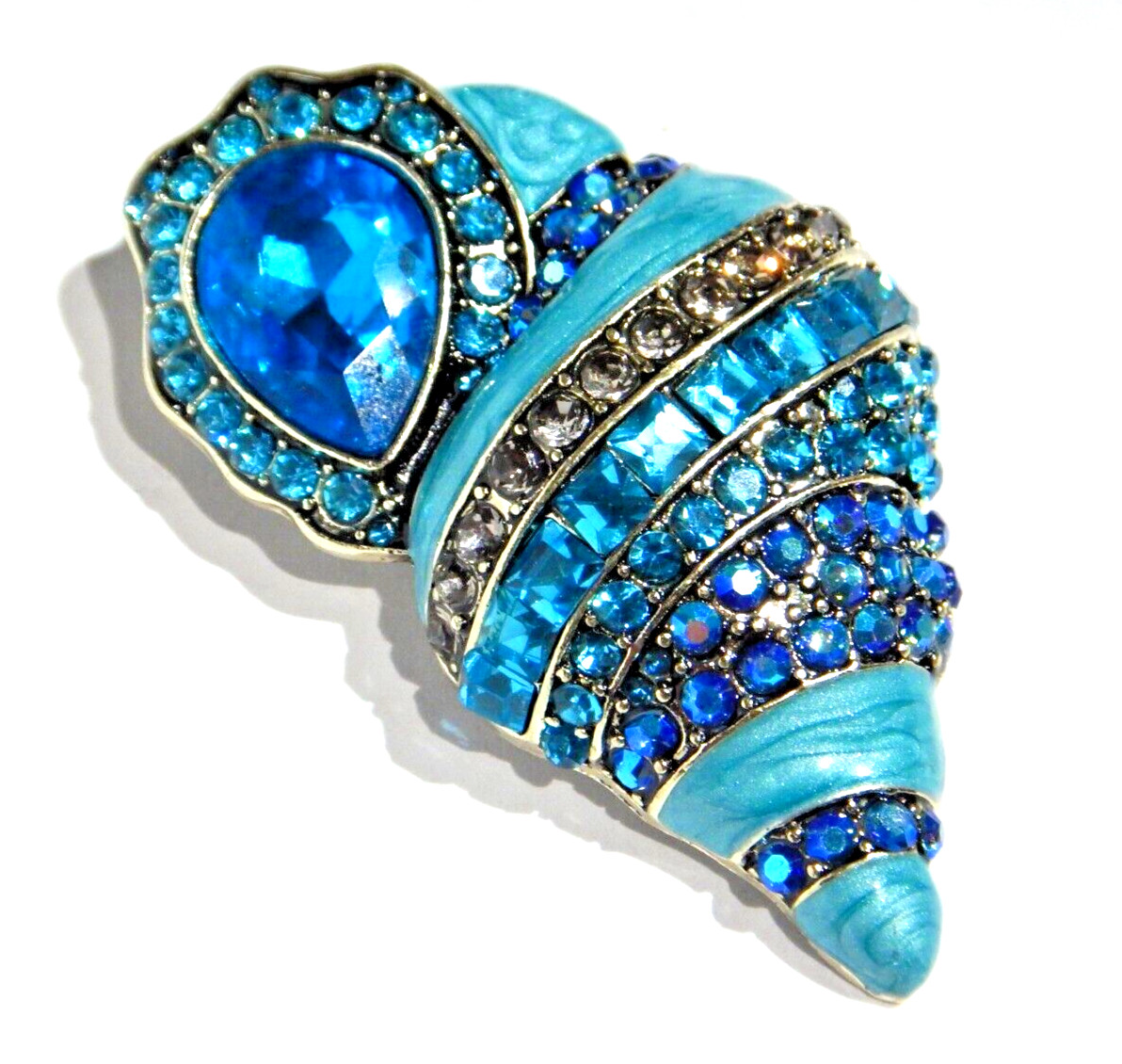 BLUE TRITON CONCH BROOCH teal aqua crystal trumpet sea shell rhinestone pin N6
