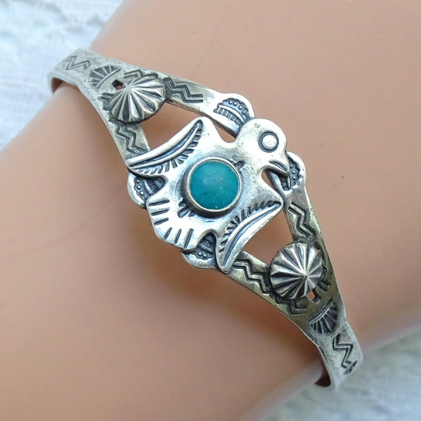 Fred Harvey Era Navajo Turquoise Sterling Thunderbird Cuff Bracelet SMALL WRIST
