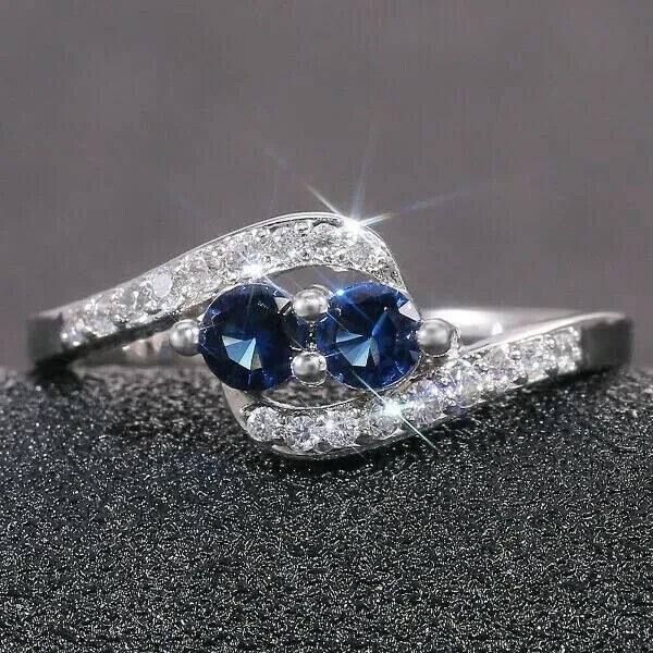 Women’s Stunning Band Ring Round Cut Simulated Sapphire In 14K White Gold Plated