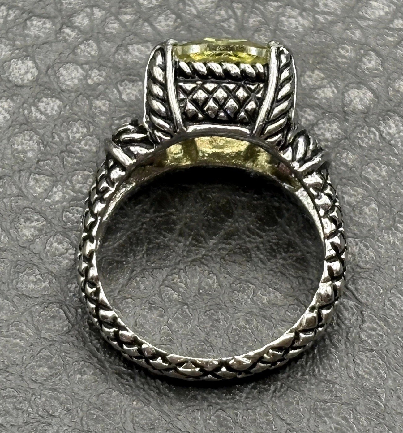 Designer Silver Tone Yellow CZ Faux Citrine Cushion Cut Ring Cable Woven Band 7