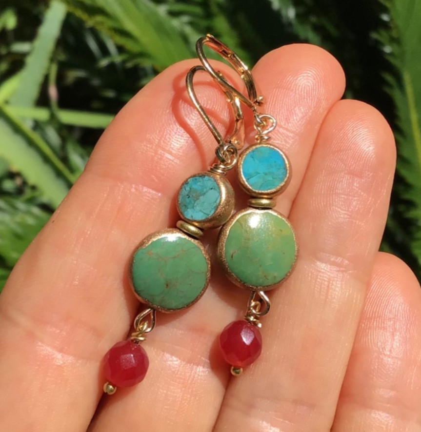 $118 Sundance charm Turquiose handmade gold edge earrings Artisan Jewelry