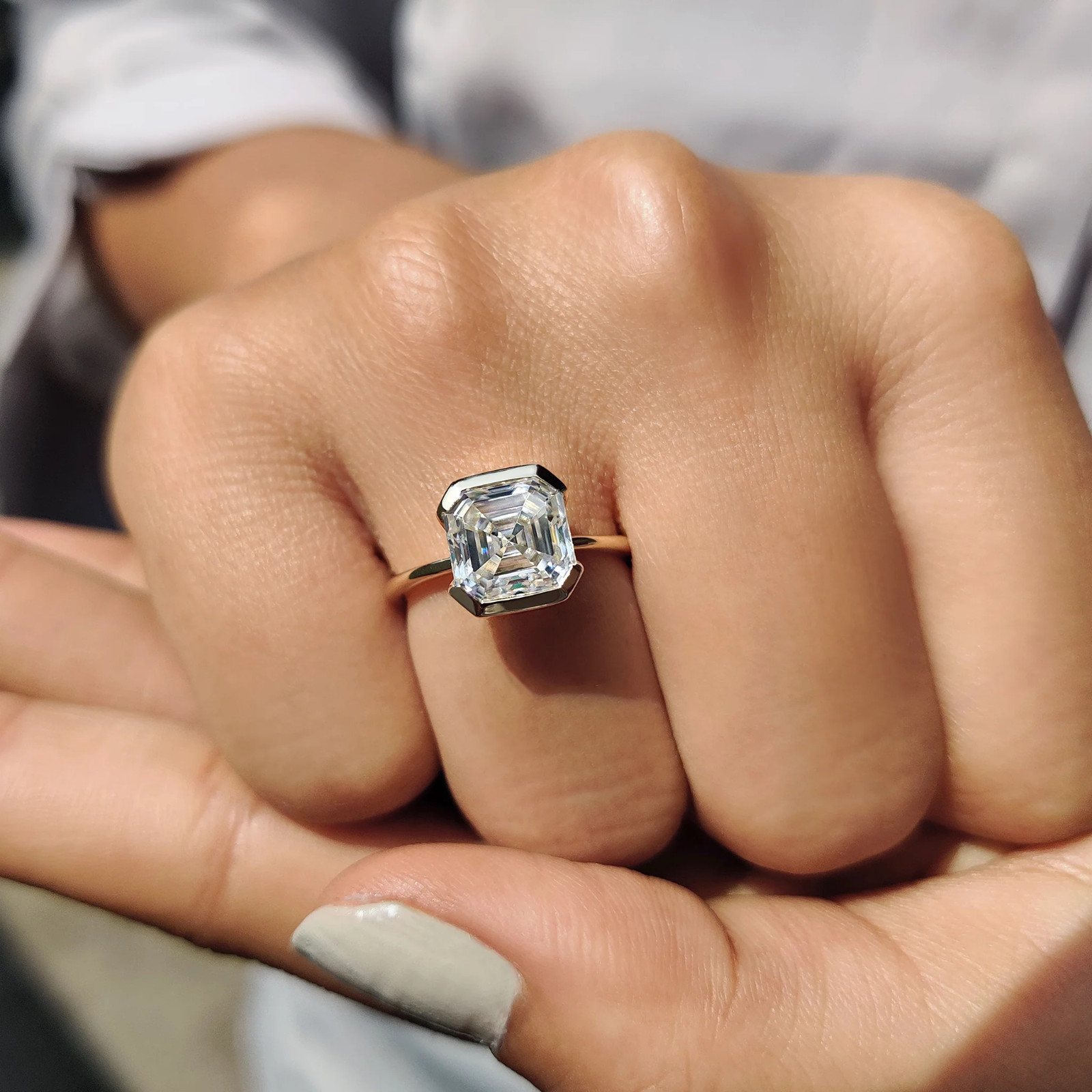 2.0CT Asscher Cut Moissanite Half Bezel Engagement Ring 14K Yellow Gold Plated