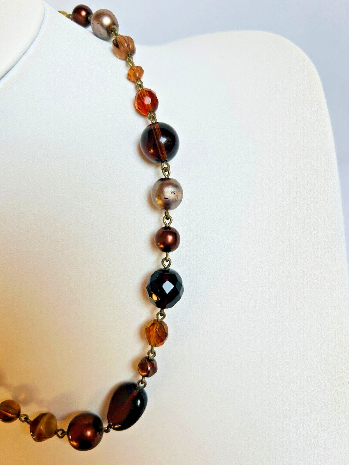 M&S Glass Beads Brown Amber Gray Tones Necklace Vintage – Jewellery