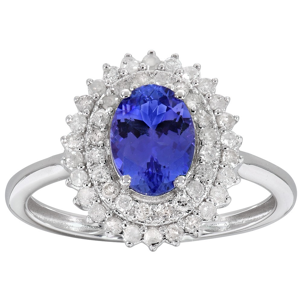 14k Solid White Gold Oval Natural Tanzanite & Double Halo Diamond Ring