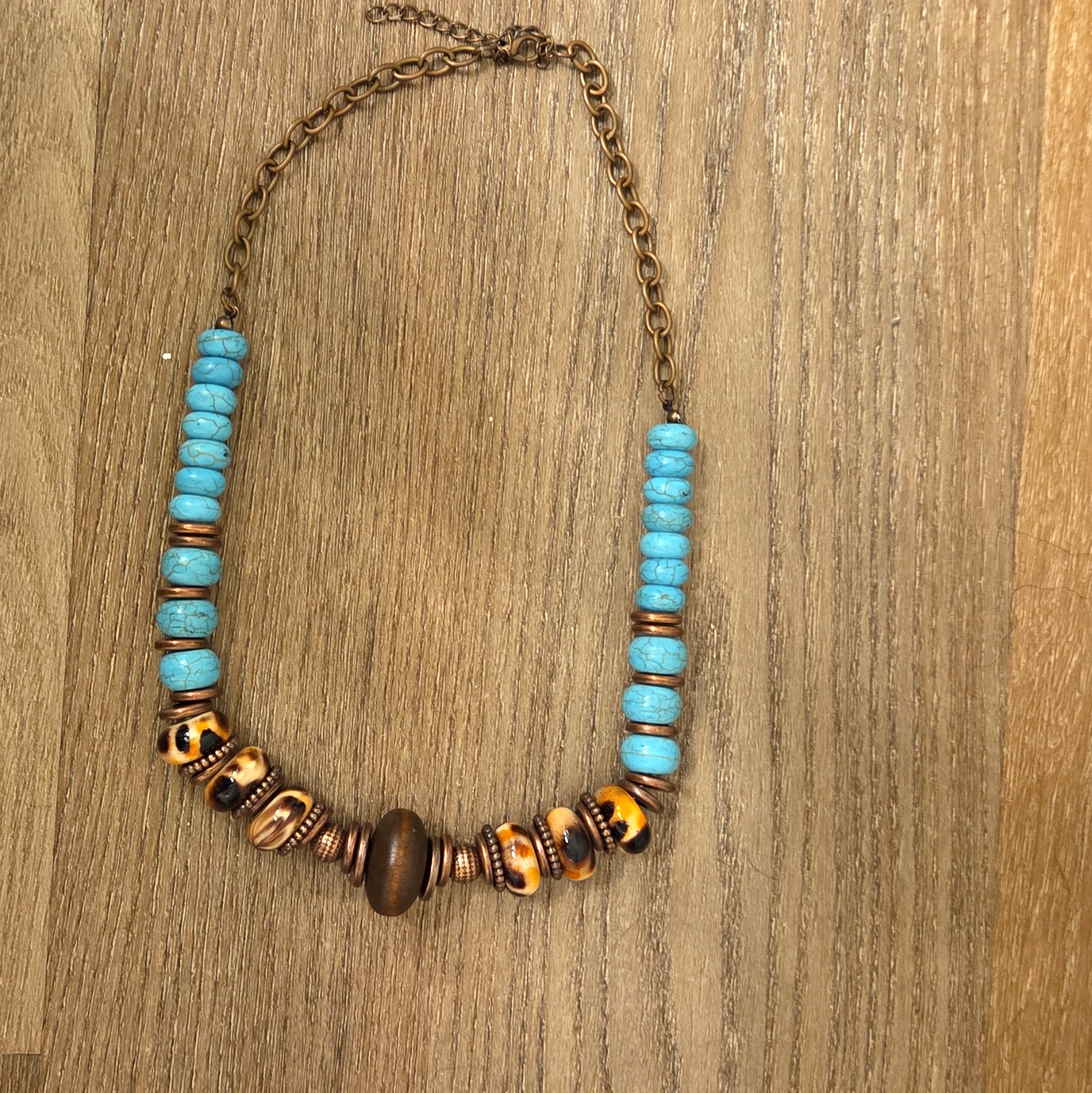 Blue Brown Bohemian Beaded Necklace with Cable Chain Lobster Clasp Extender