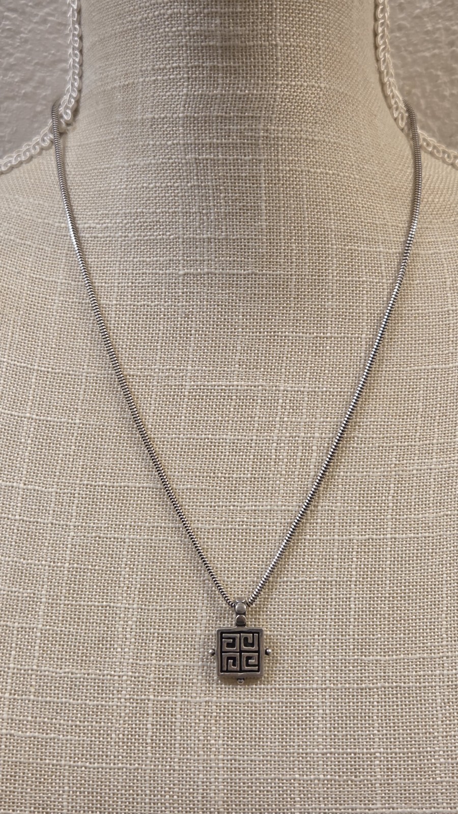 Unique Vintage Sterling Silver Greek Key Pendant Snake Braid Sterling Chain 21″
