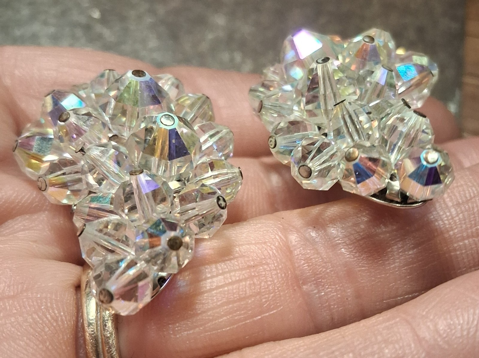 Vtg Crystal LAGUNA Clip Earring Cluster Aurora Borealis Bead Crescent Silvertone