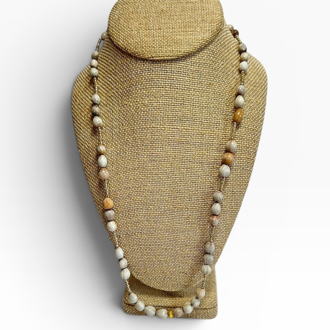 Job’s Tears Beaded Necklace 25″ Grey Tan Boho Organic