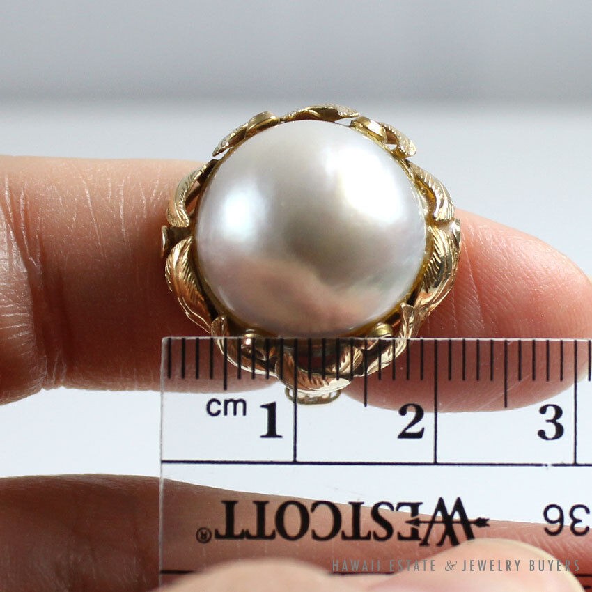 Ming’s Hawaii Mabe Pearl 16.6mm 14K Yellow Gold Ring Size 4-5