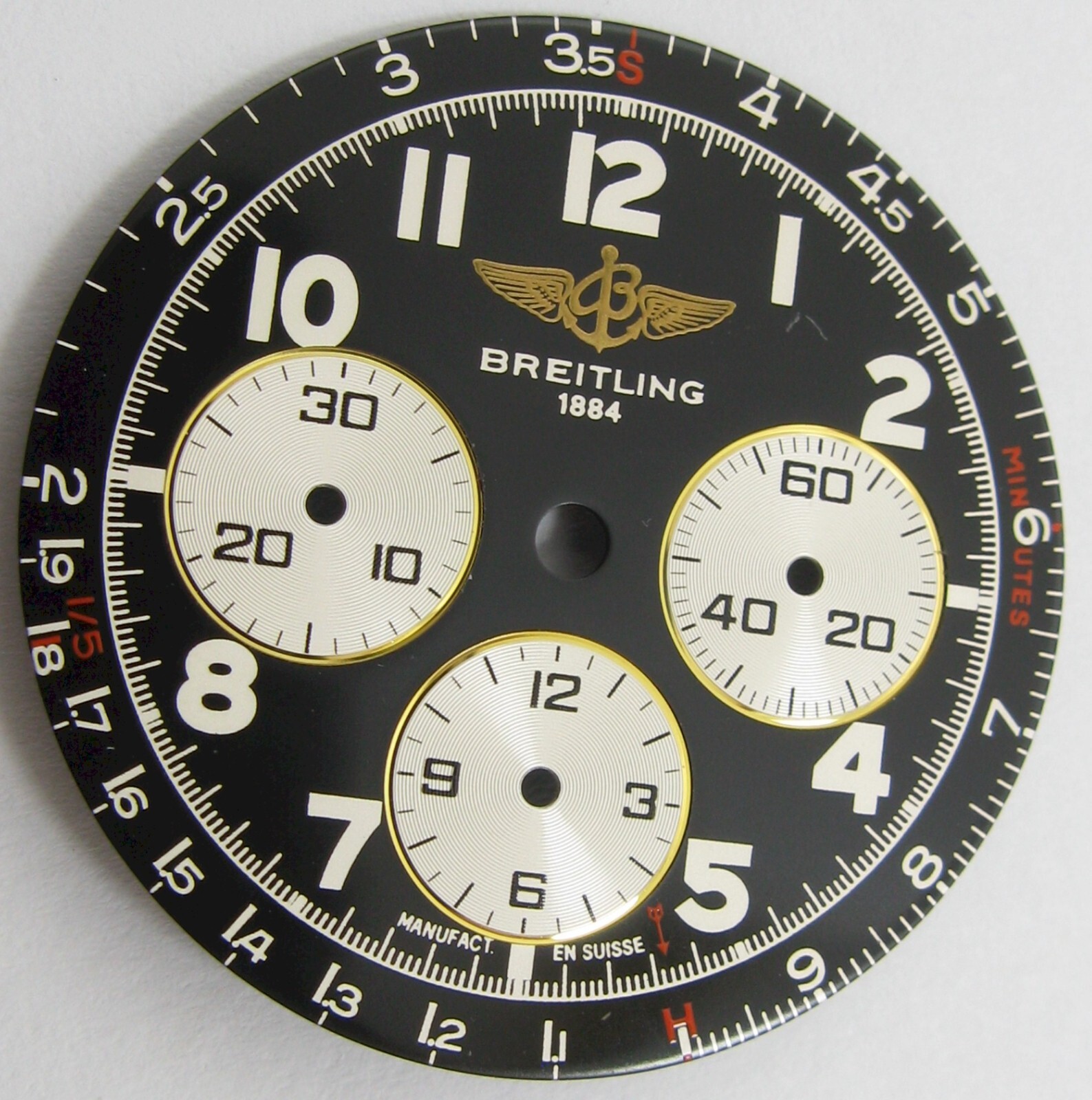 Dial Breitling 1884 chronograph matte black / 3 white registers diameter 29.3 mm