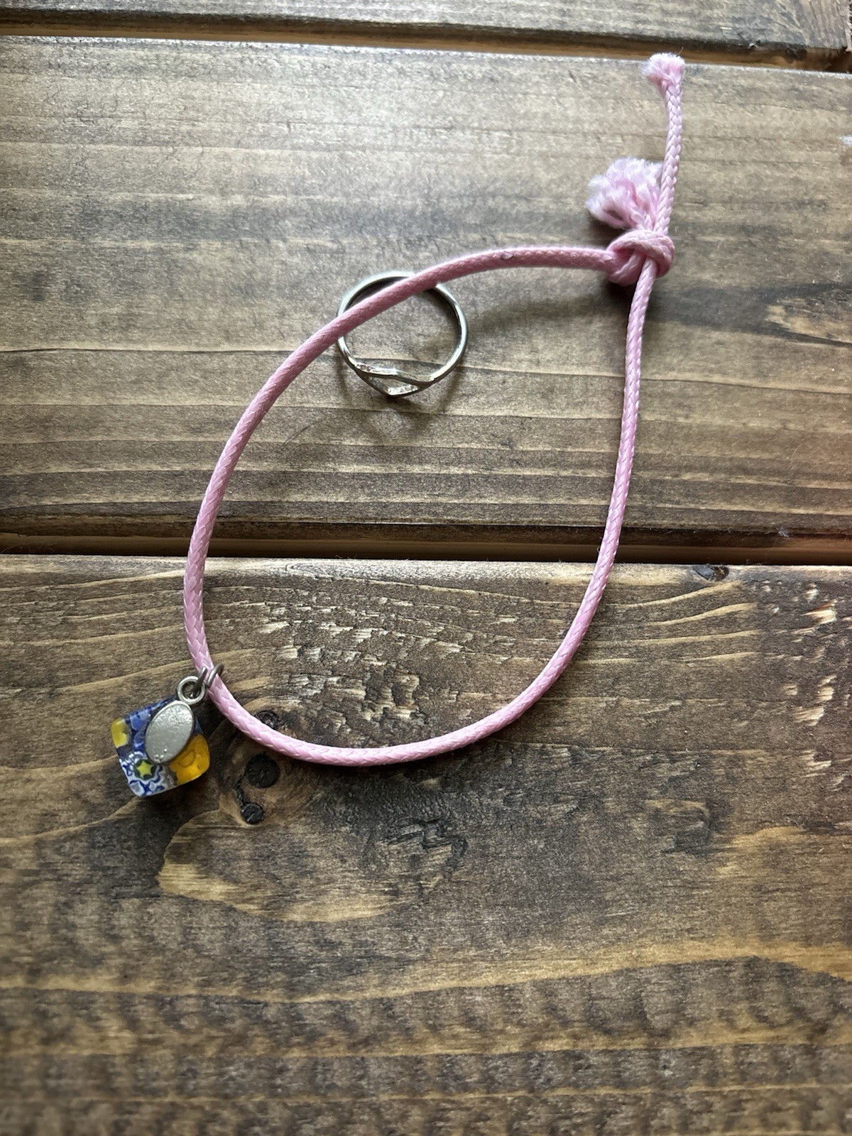 Pink Adjustable Cord Charm Bracelet w/ Slide Closure, Glass Bead Dangle