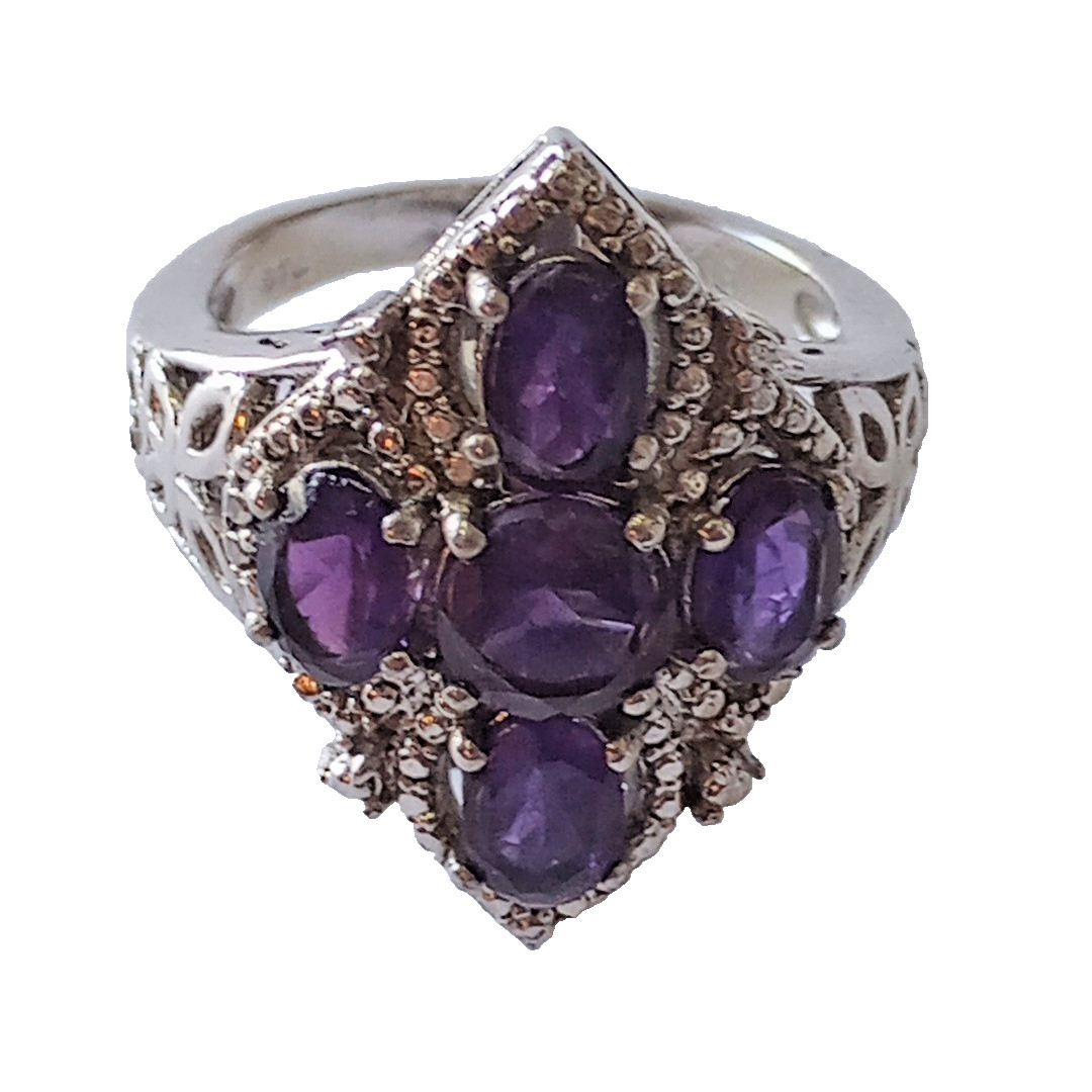 Vintage STS Karis Gothic Cross Amethyst Ring,Silver Tone Cocktail Ring Size 6.5