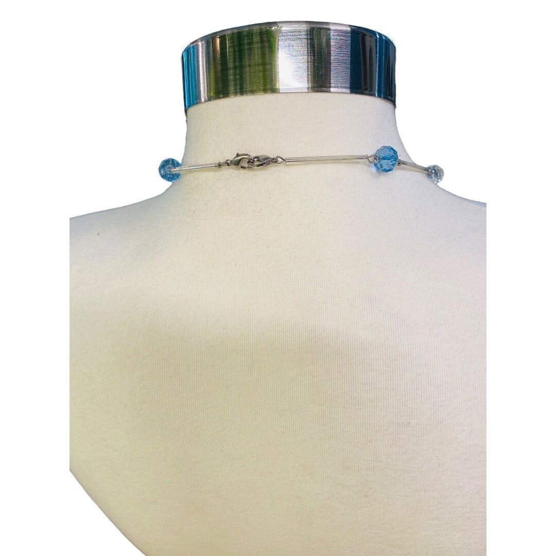 Silvertone Blue Aqua Beaded Overhead 36″ Strand String Necklace