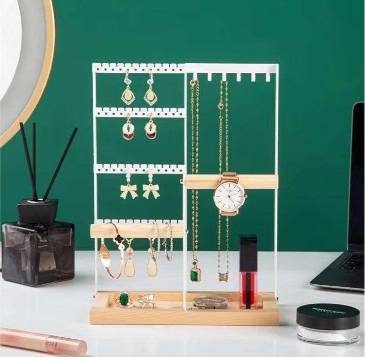 Dracelo Modern 4-Tier Metal and Wood Jewelry Organizer Tower Rack