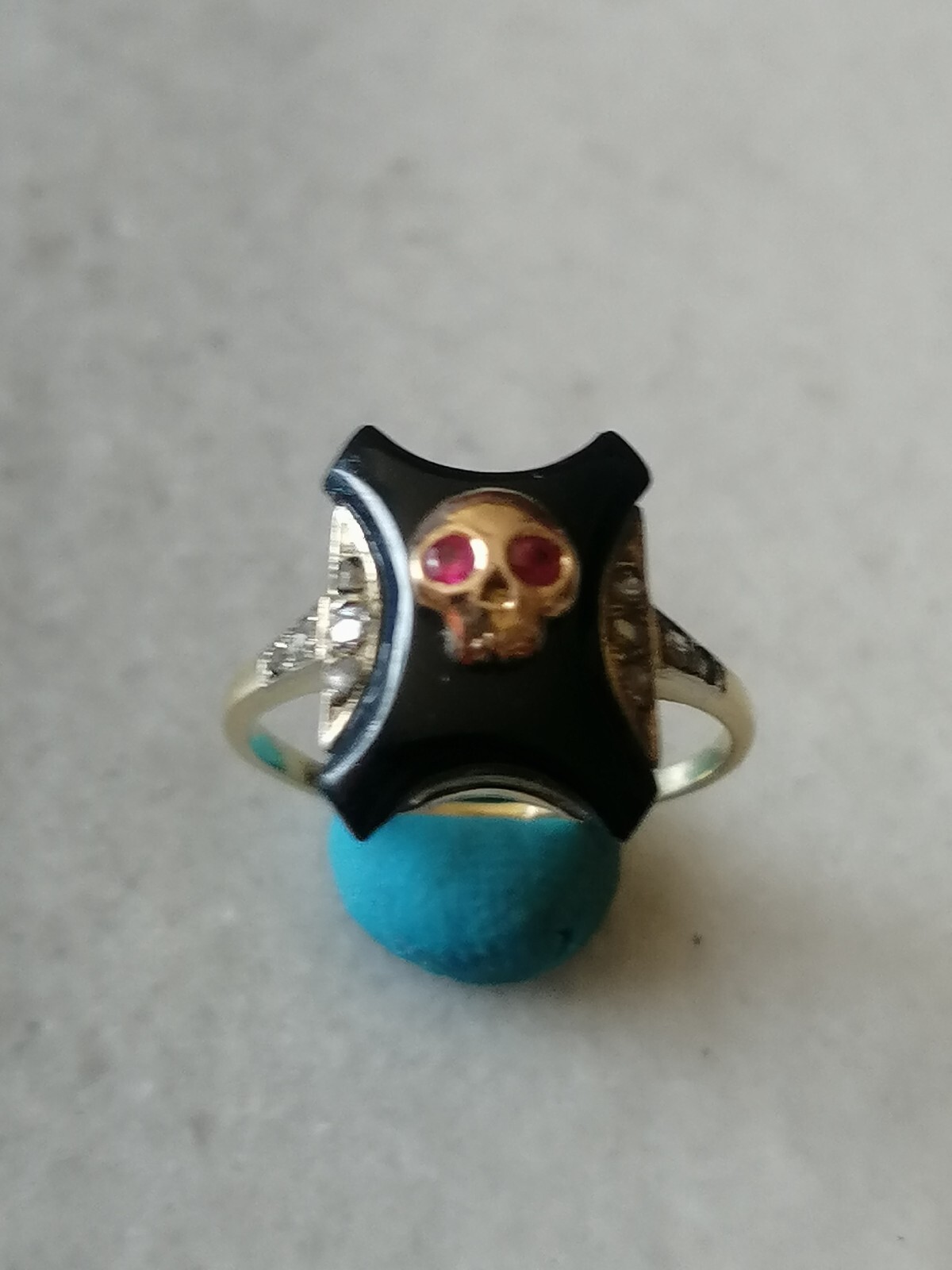 Antique Rare Memento Mori 14kt Yellow Gold, Diamonds,Rubies Stone Ring