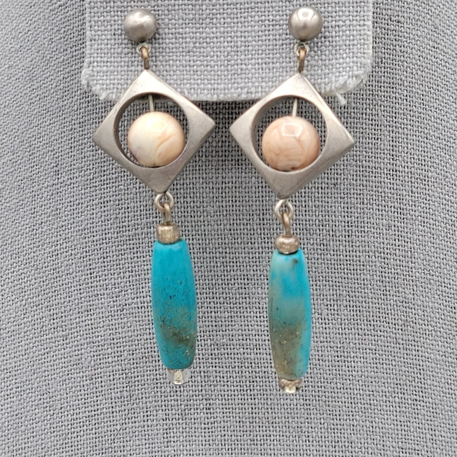 Silver Tone Drop Stud Earrings Blue Dyed Howlite Bead Dangle Geometric Style