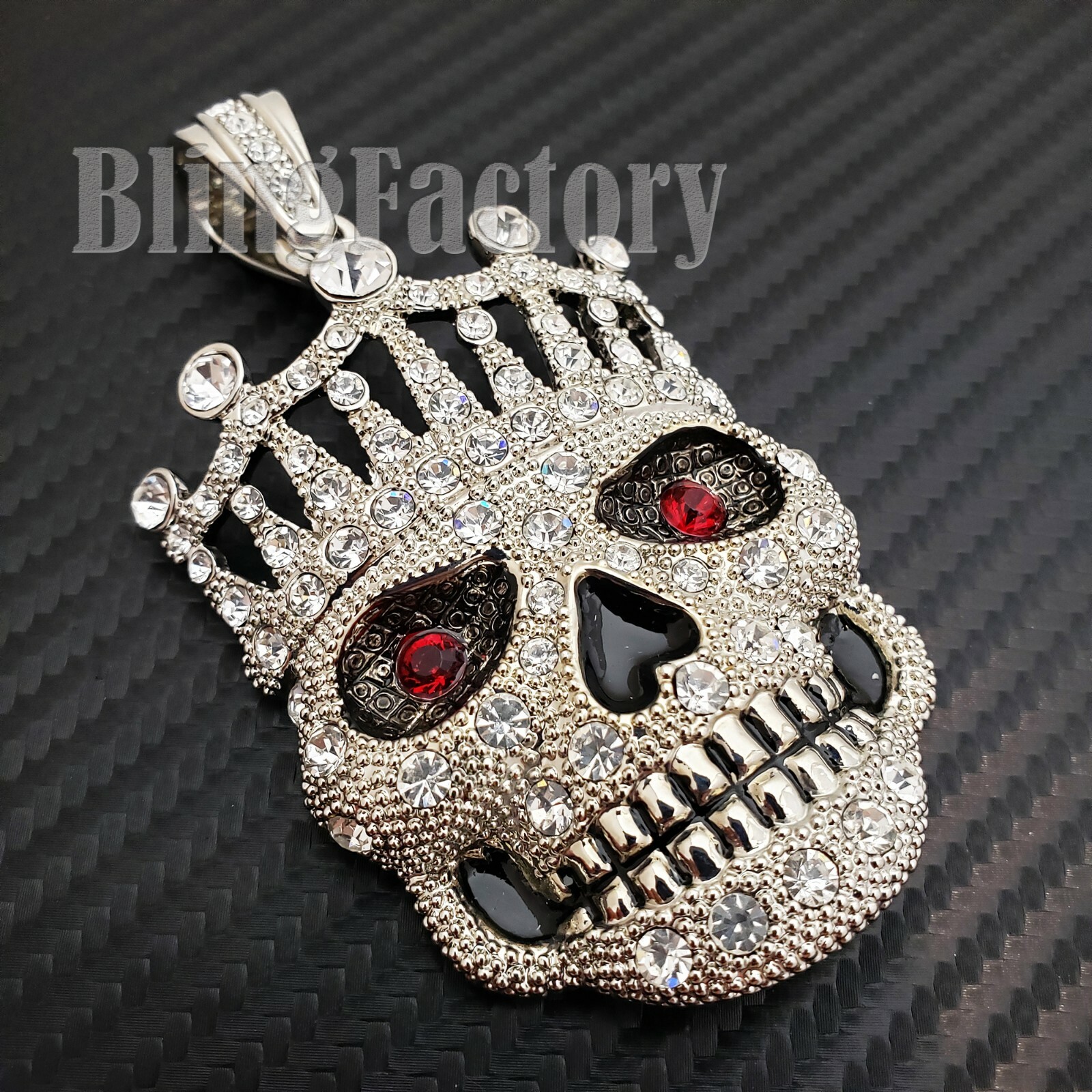 HIP HOP ICED SILVER PLATED ALLOY CUBIC ZIRCONIA LARGE CROWED SKULL CHARM PENDANT
