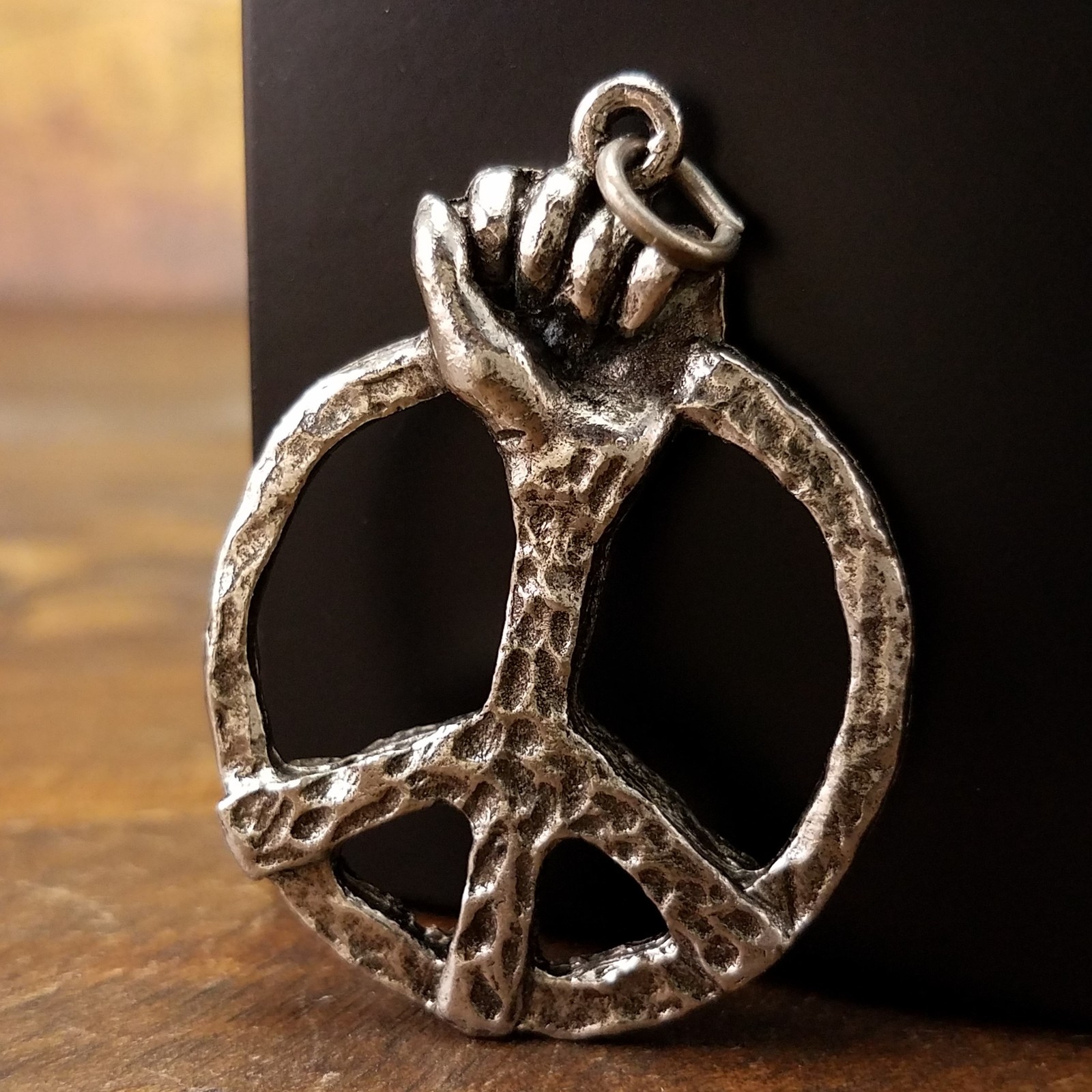 Vintage Boho Peace Symbol Charm 3D Hand Hammered Hippie Pendant Jewelry