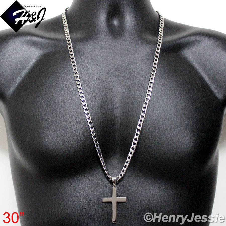 18-40″MEN Stainless Steel 7mm Silver Cuban Curb Necklace Plain Cross Pendant*P64