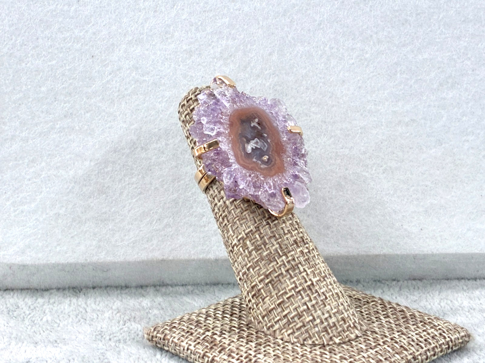 Kalifano Amethyst Stalactite Agate Gold Tone Adjustable Ring Shank Signed BR