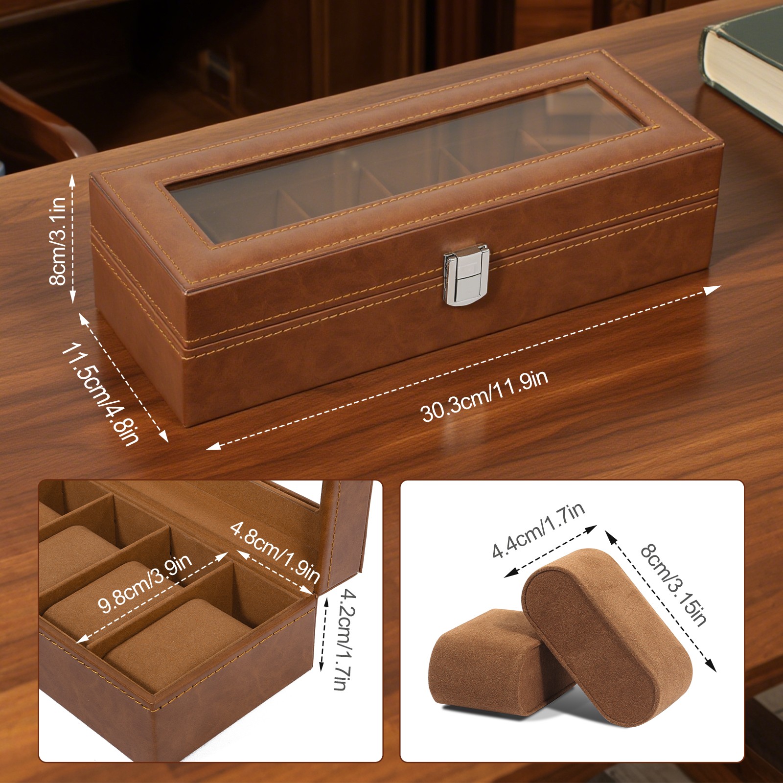 6 Slots Watch Box – PU Leather Case with Glass Lid, Display & Storage Organizer