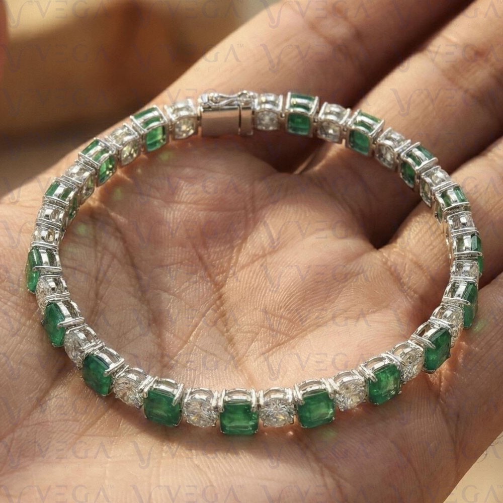 10.50Crt Asscher Natural Emerald & Diamond Tennis Bracelet 18K White Gold Plated