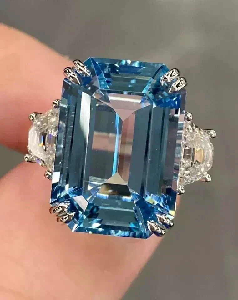 5Ct Emerald Cut Lab Created Blue Topaz Engagement Ring In 14k White Gold Plated
