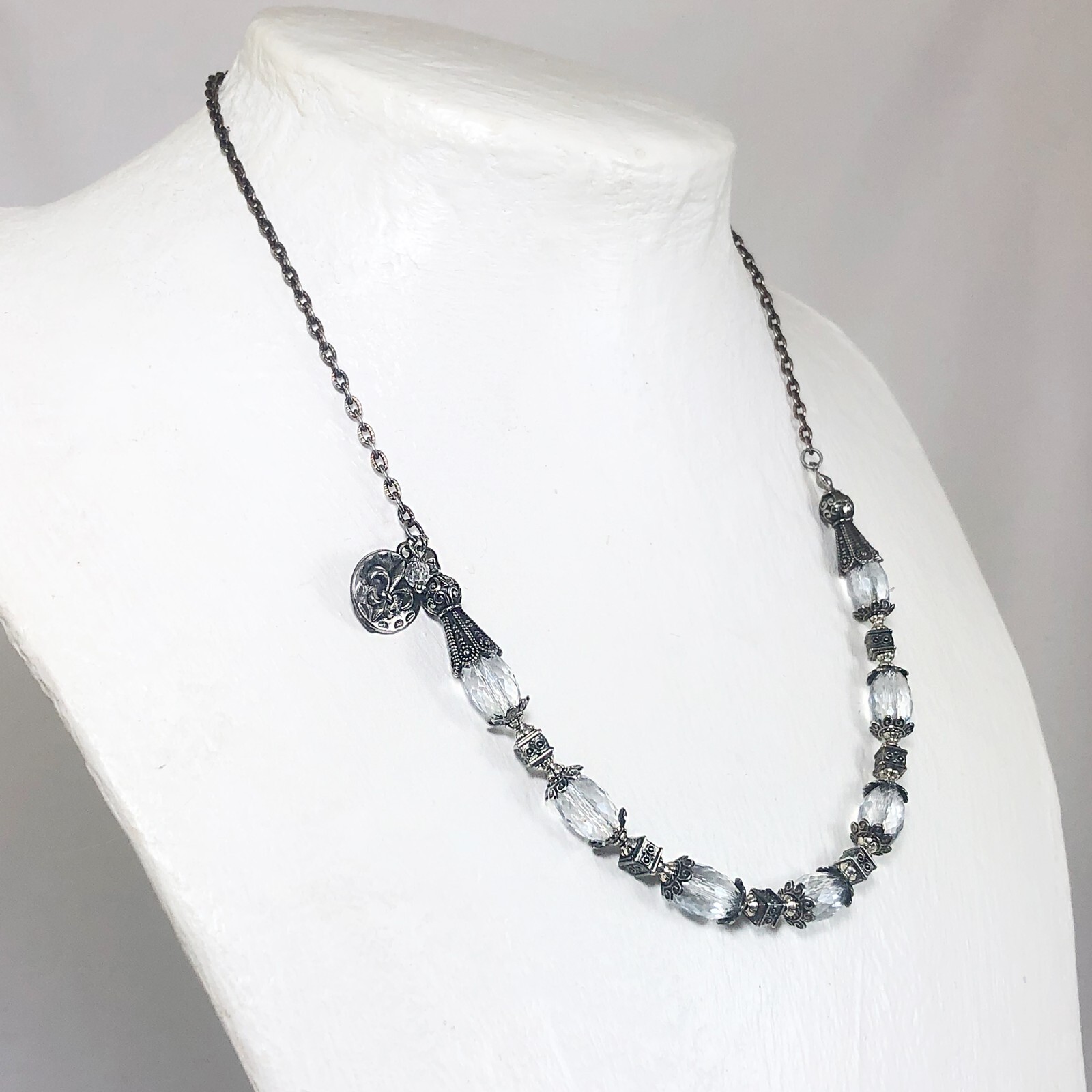 Art Deco Choker Faceted Glass Beads, Pewter Bead Caps, Fleur de Lis Charm