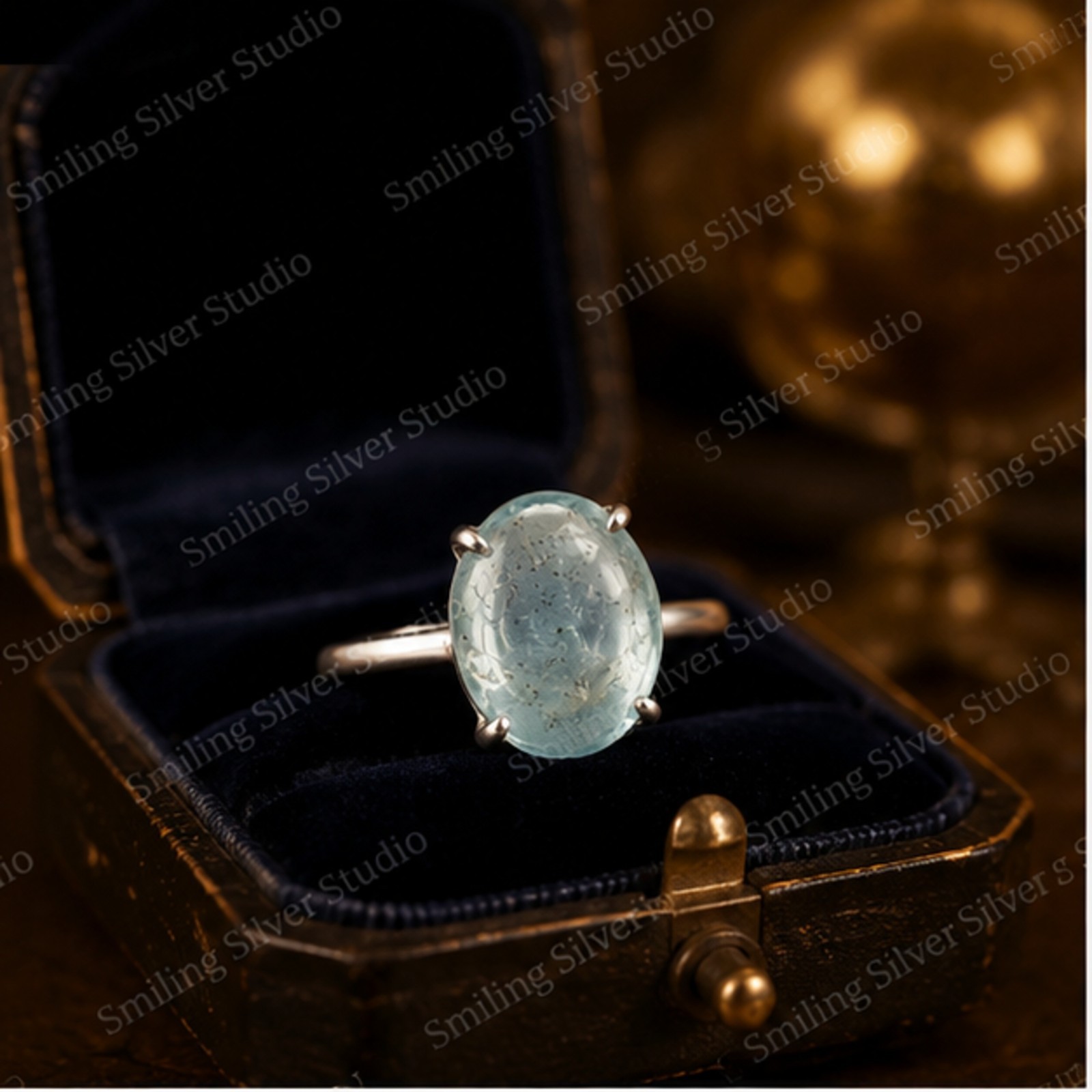 925 Sterling Silver Oval Green Cabochon Aquamarine Ring Minimalist Handmade Ring
