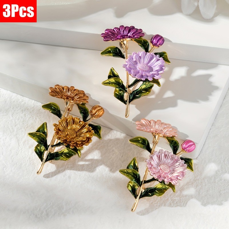 3P Elegant Vintage Gradient Daisy Brooches Green Leaf Anti-Slip Floral Pins