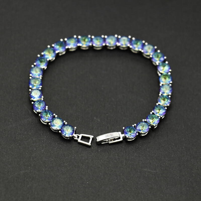 New Round Cut Rainbow Blue Fire Topaz Gemstone Silver Charm Women Bracelets