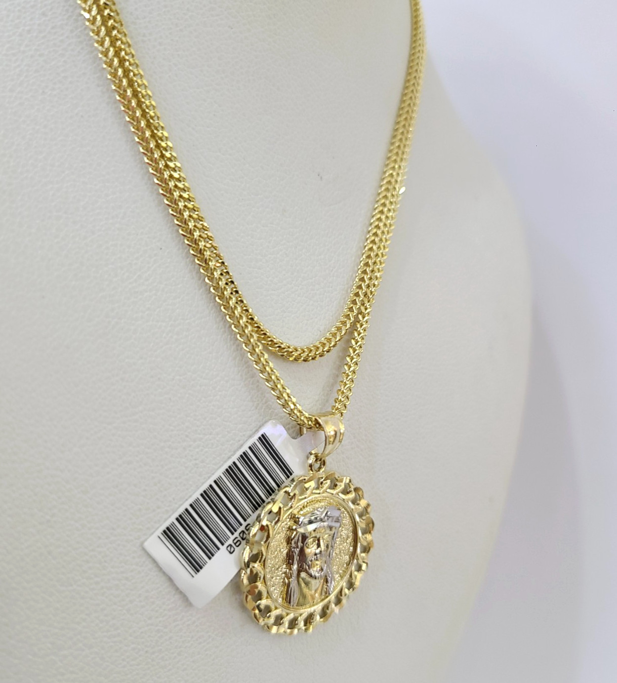 Real 10k Yellow Gold Franco Chain Jesus Head Pendant Charm 2mm Necklace