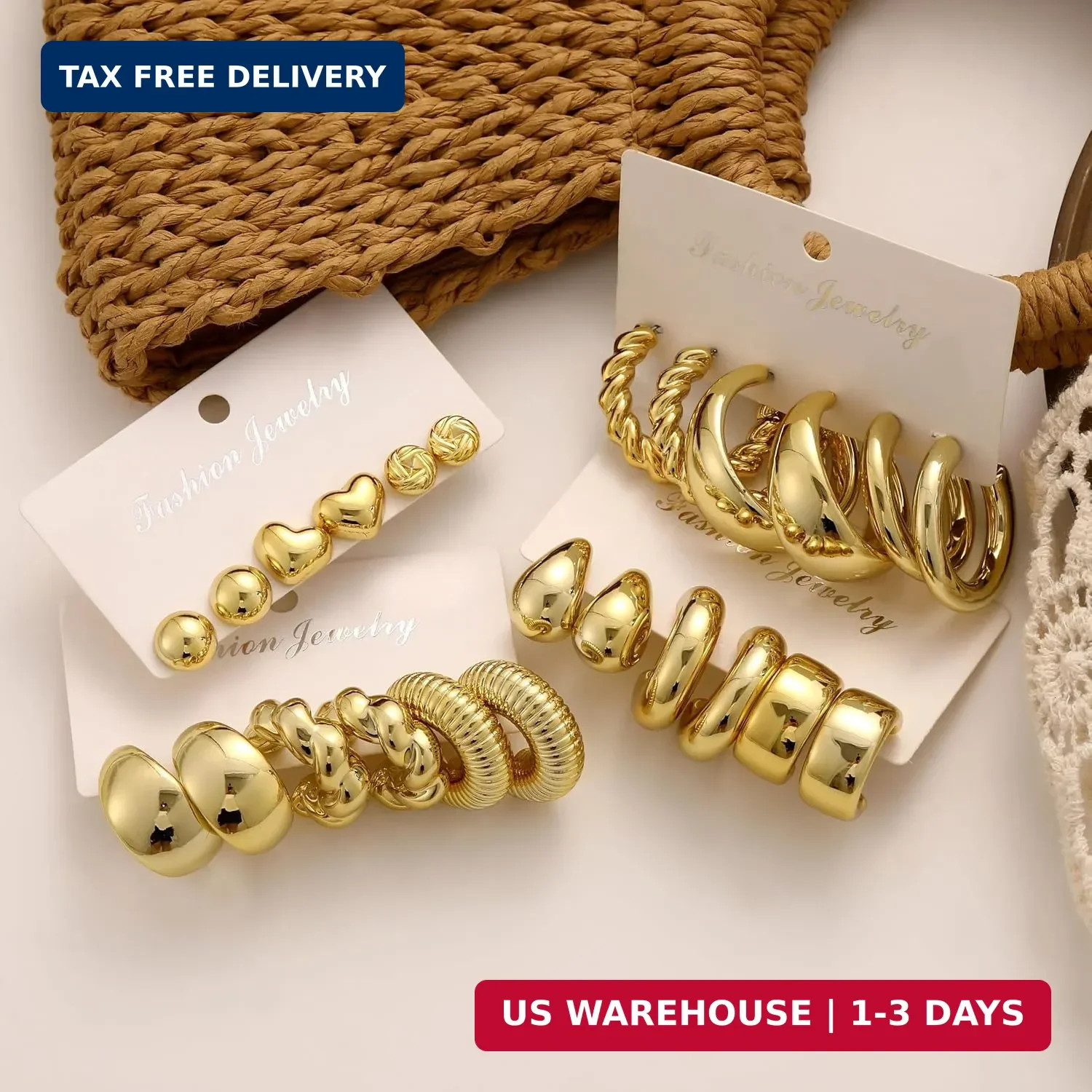 12 Pairs Chunky Gold Hoop Earrings for Women Trendy, Gold Plated Lightweight Hyp