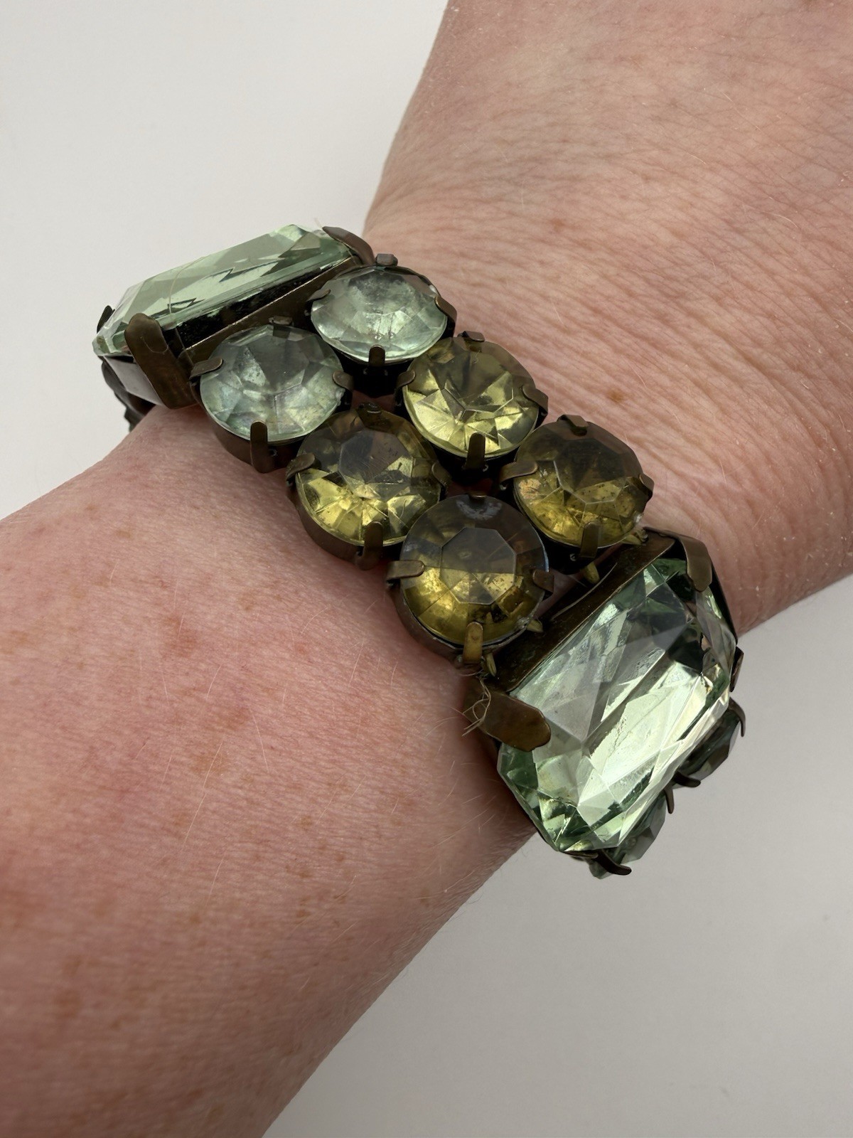 Vintage Bracelet Green Stone Stretch Slide Cuff Statement