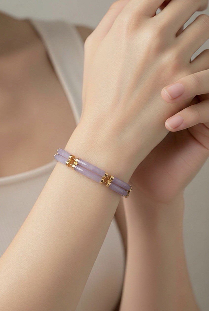 14k Gold Wide Double Lavender Jade Bracelet 10mm Asian 7.25″ Vintage Heng Ngai
