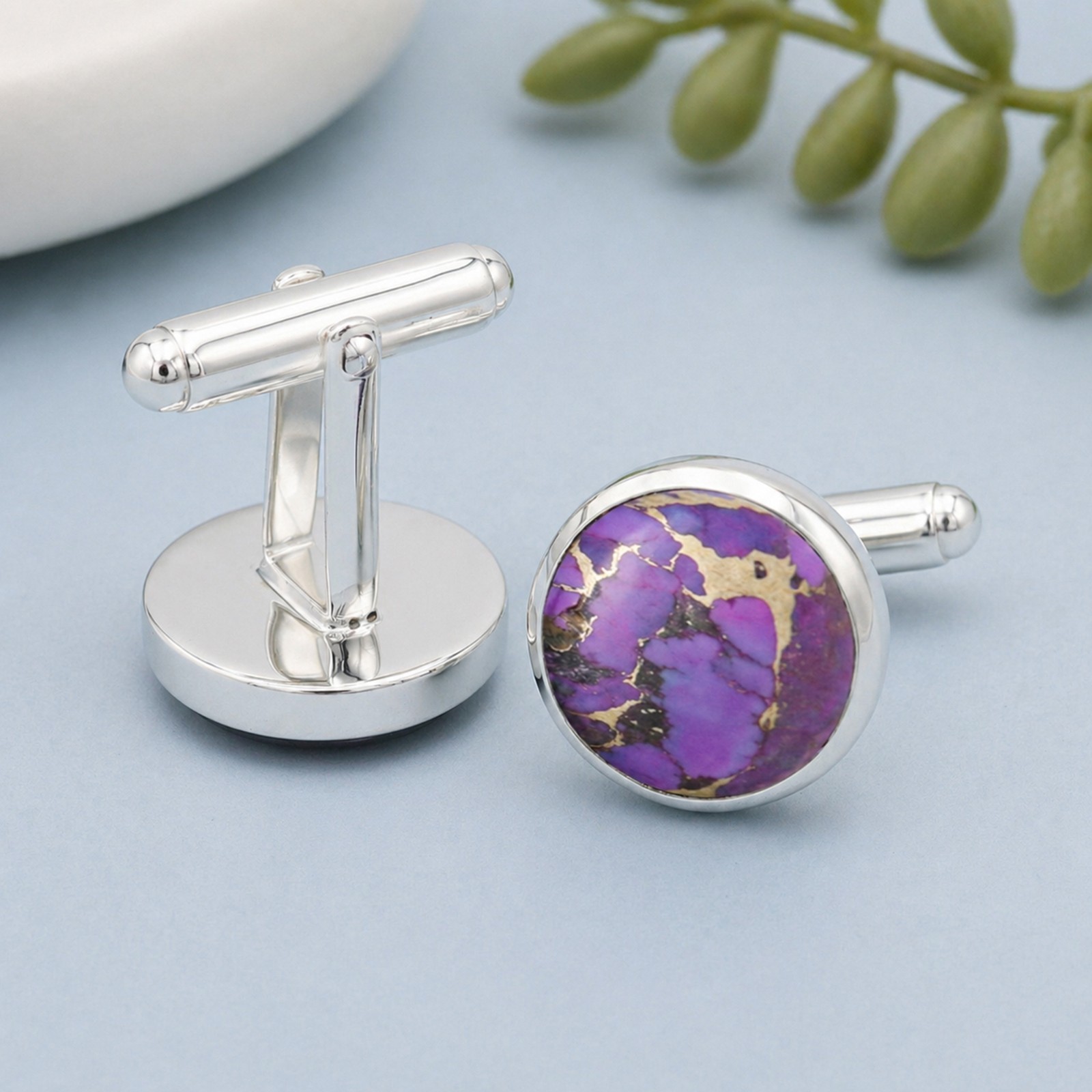 925 Sterling Silver Purple Copper Turquoise Cufflinks Men’s Formal Jewelry
