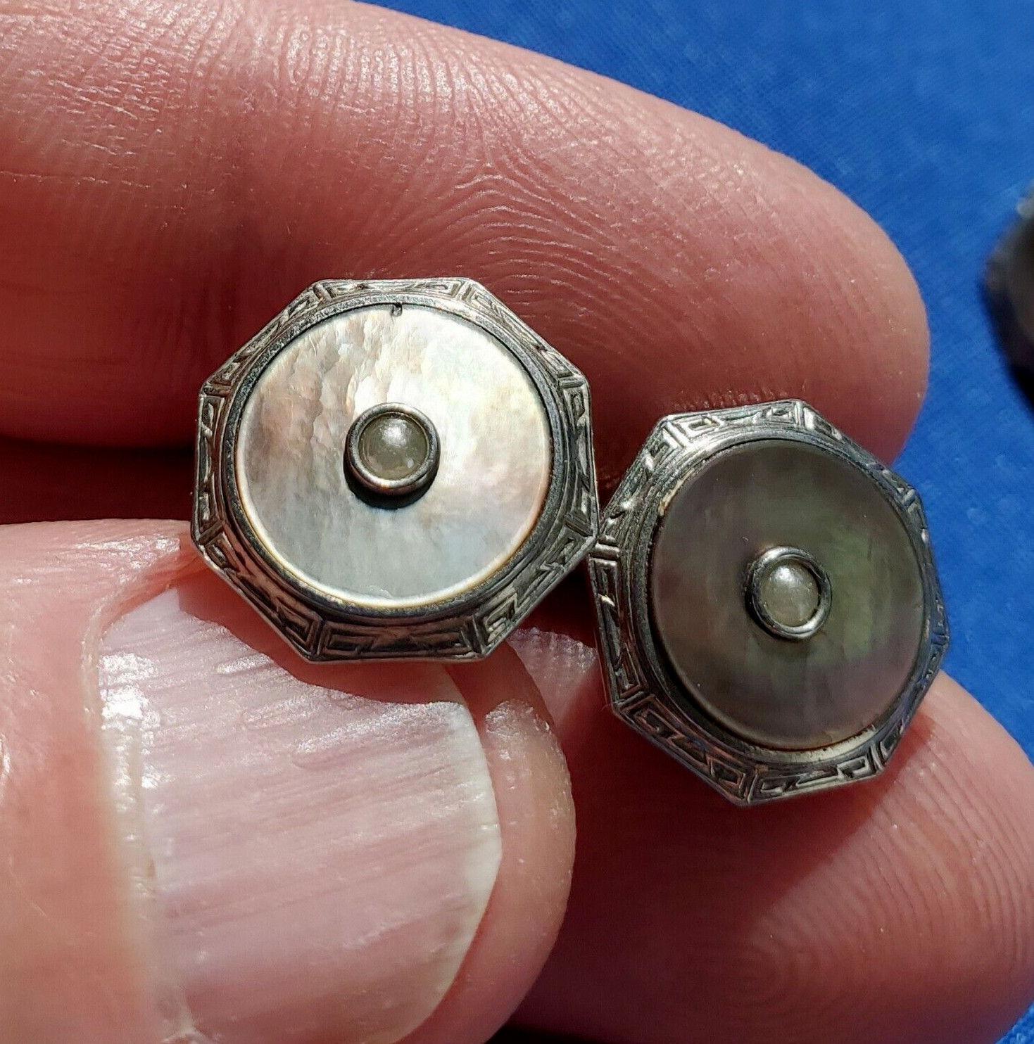 Original VINTAGE KREMENTZ ART DECO ENGRAVED PEARL CUFF LINKS OCTAGON DESIGN