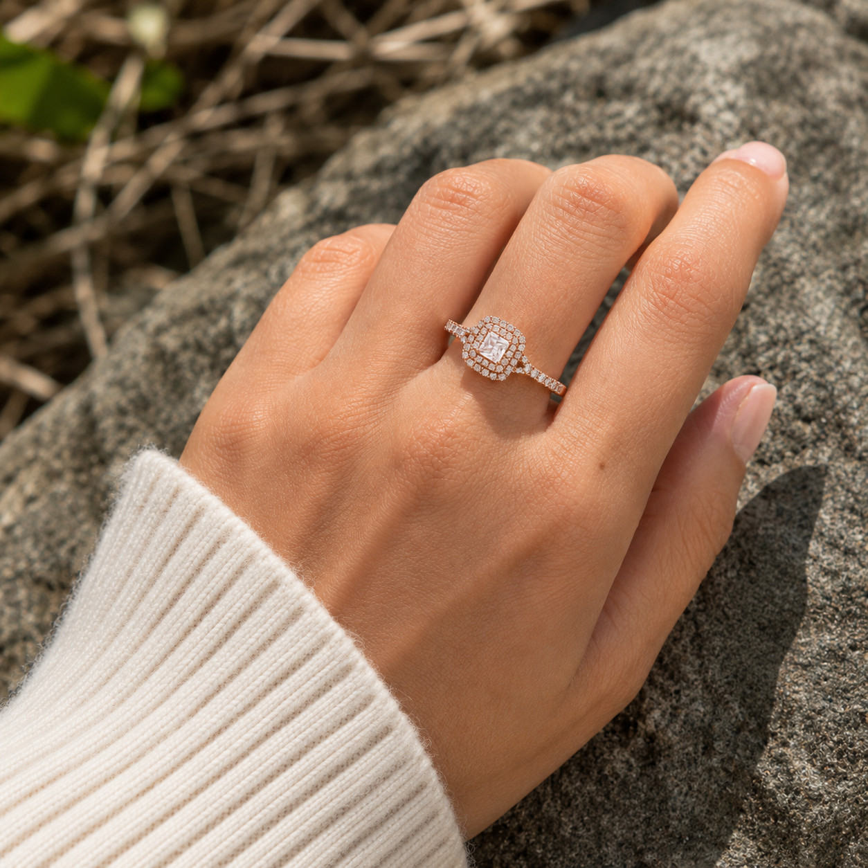 1.00Ct Pear & Round Moissanite Halo Engagement Ring in 925 Silver for Women