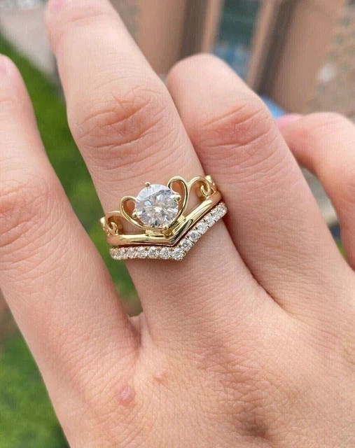 2Ct Round Cut Lab Created Diamond Wedding Bridal Set Ring 14k Yellow Gold Plated