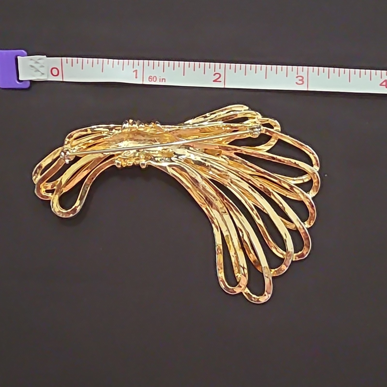 Gold Tone Bow Ribbon Wire Brooch Pin, Metal, No Stone, 3.75 in