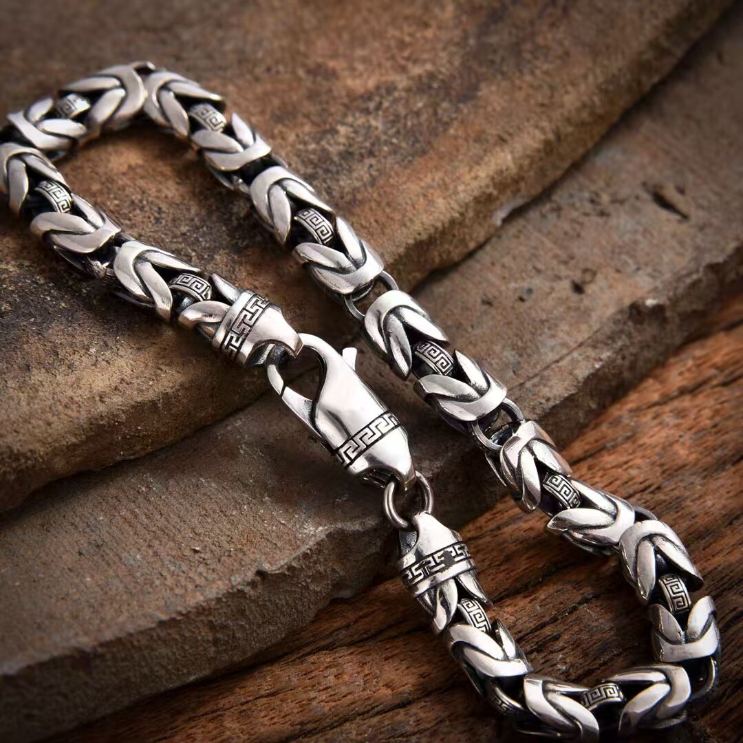 Pure S925 Sterling Silver Chain 7mm Unique Byzantine Link Bracelet 7.1-8.7inch