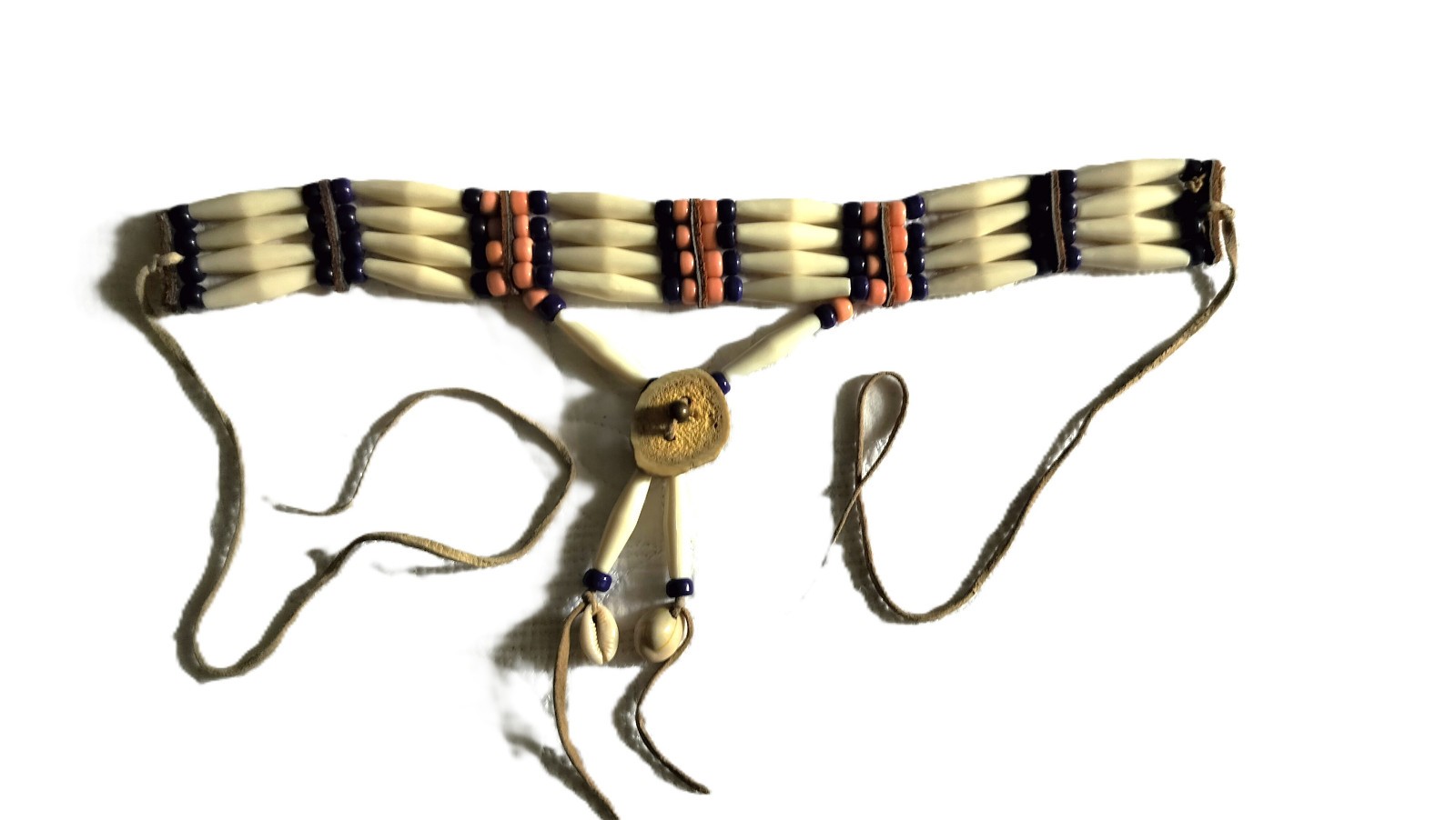 Vintage Native American Buffalo Bone Abalone Beads Leather Choker Necklace VGC!