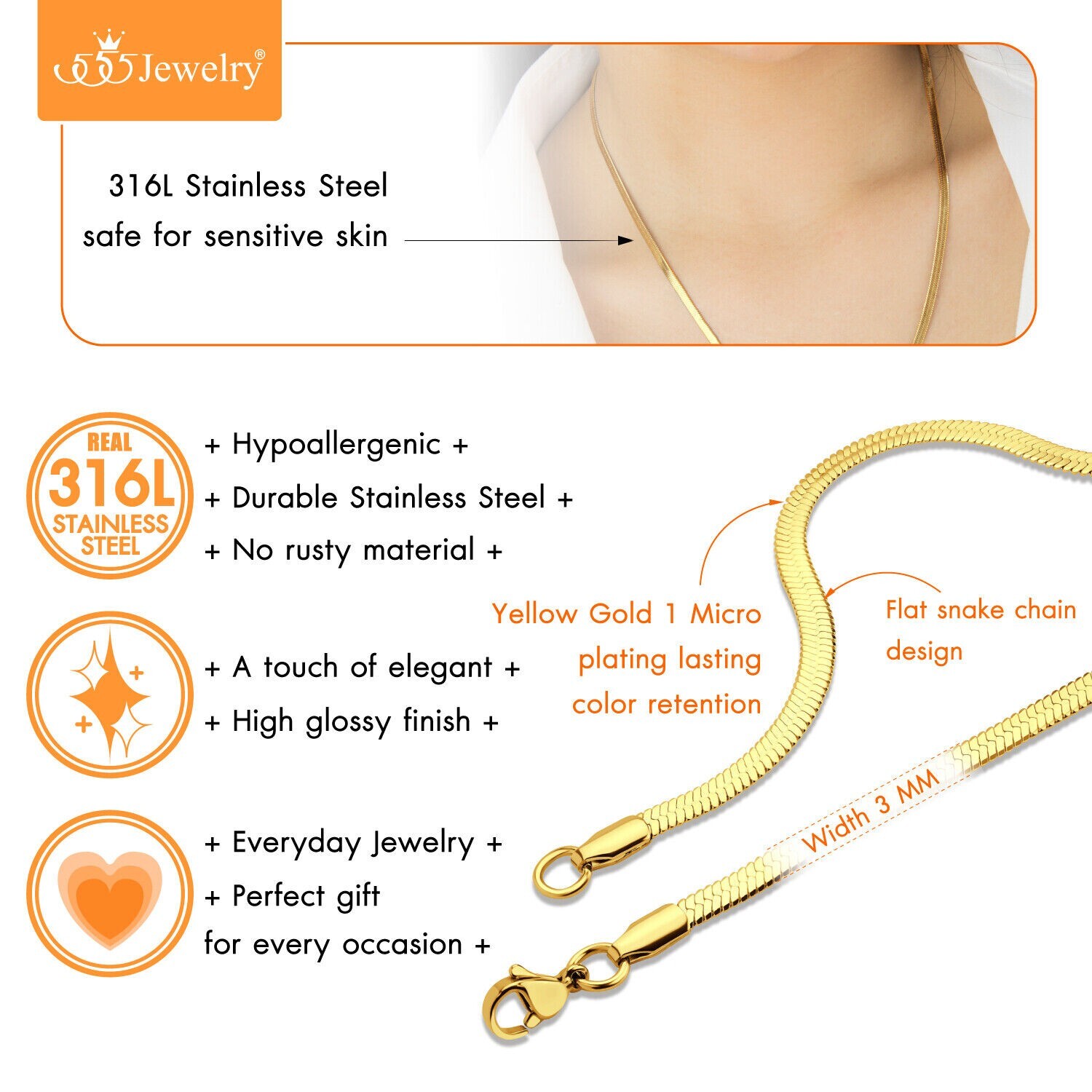 Gold Plated Stainless Steel 3mm Flat Herringbone Snake Chain Necklace PE44