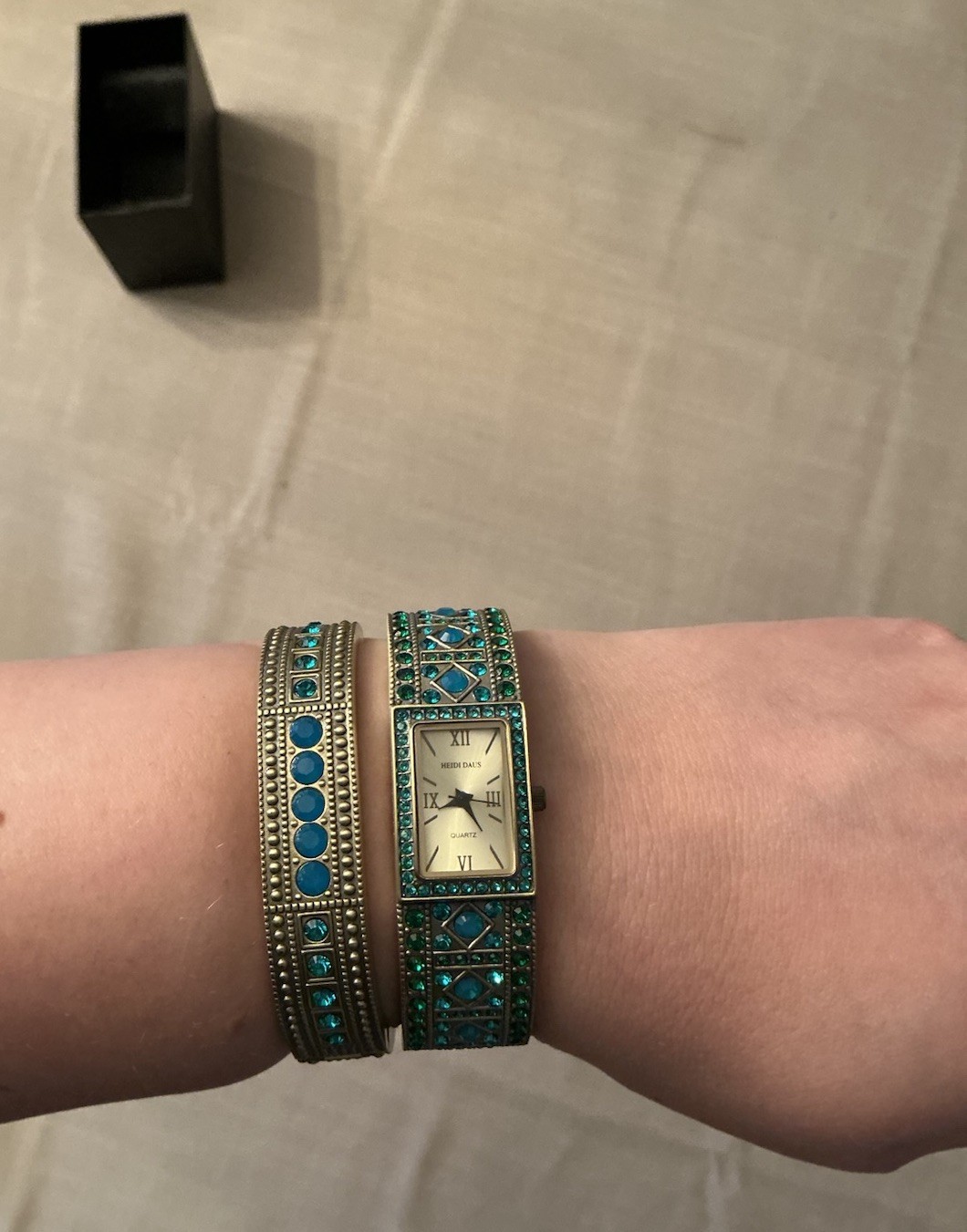 Heidi Daus Double Trouble Bangle Watch Bracelet Set Blue Green Crystals New